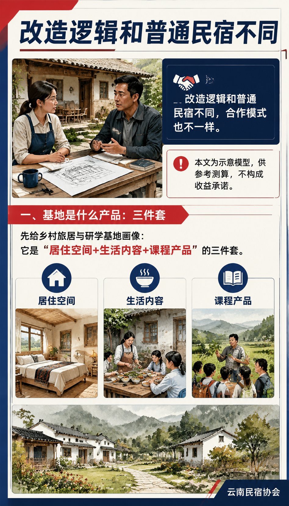 乡村旅居与研学基地怎么做招商：轻投入合作框架（示意）：二、三方怎么分工：业主、运营方、课程资源方