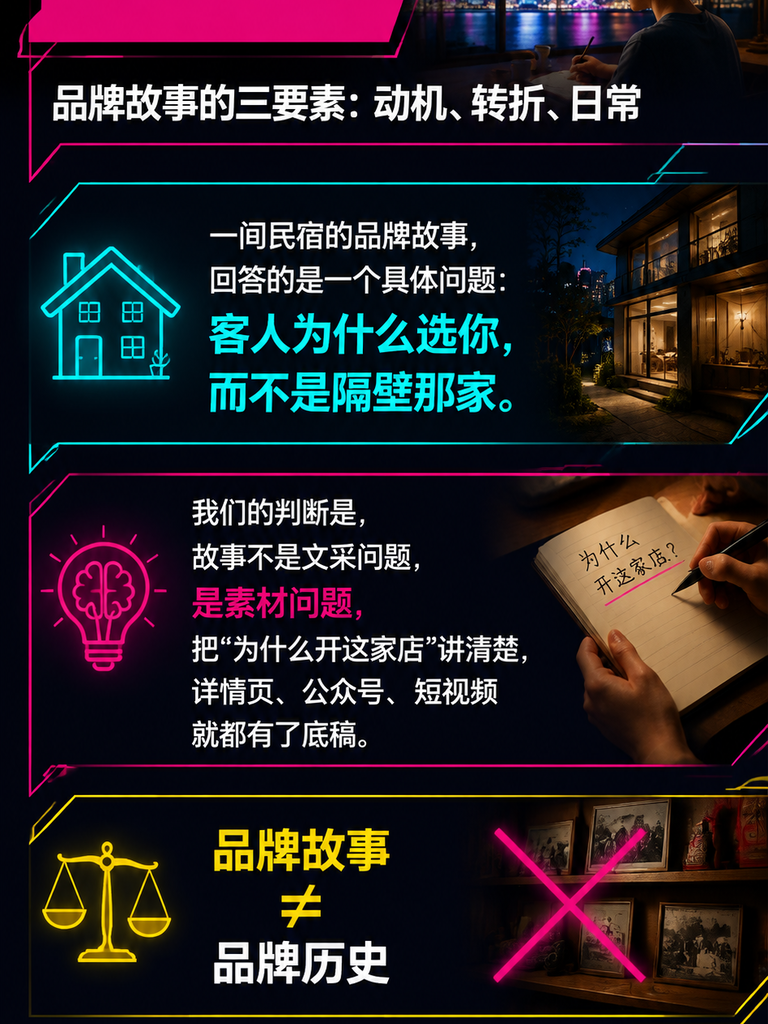 民宿品牌故事：把“为什么开这家店“写成内容：三、一个故事，多处复用：详情页、公众号、短视频