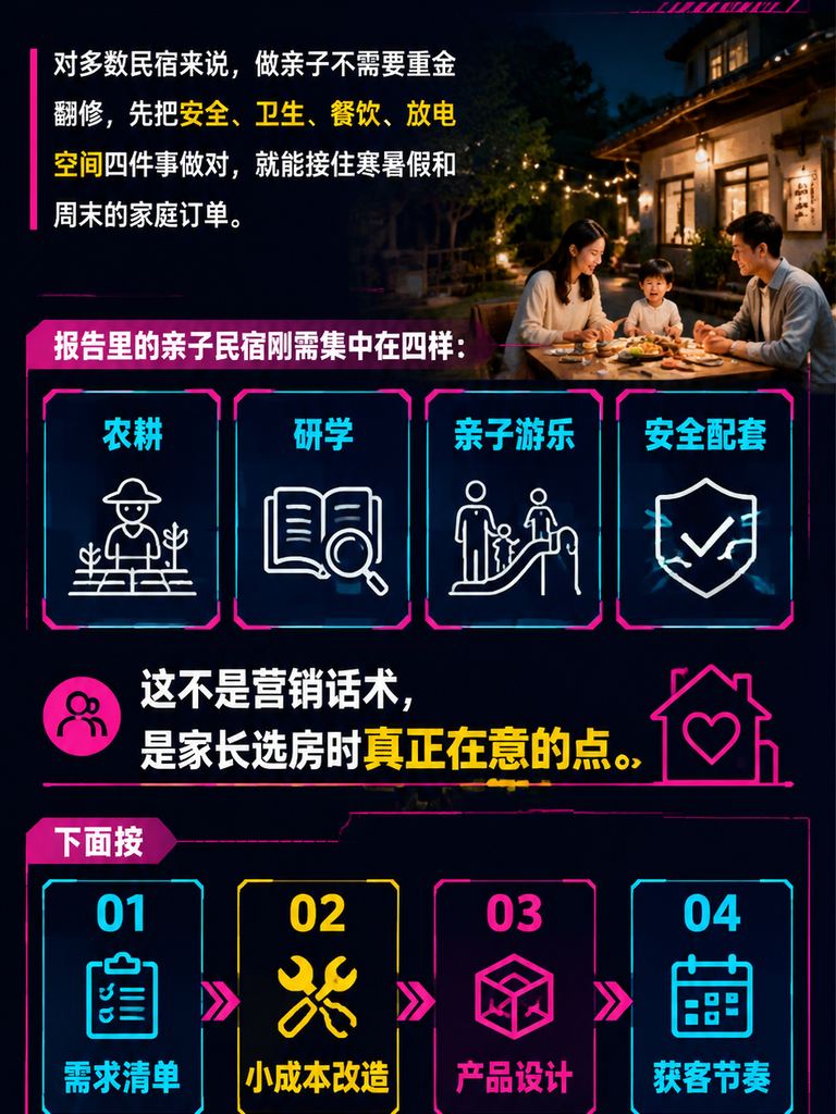 亲子友好民宿怎么做：儿童房设计与家庭客产品清单：一、亲子客群的真实需求清单：安全、卫生、餐饮、放电