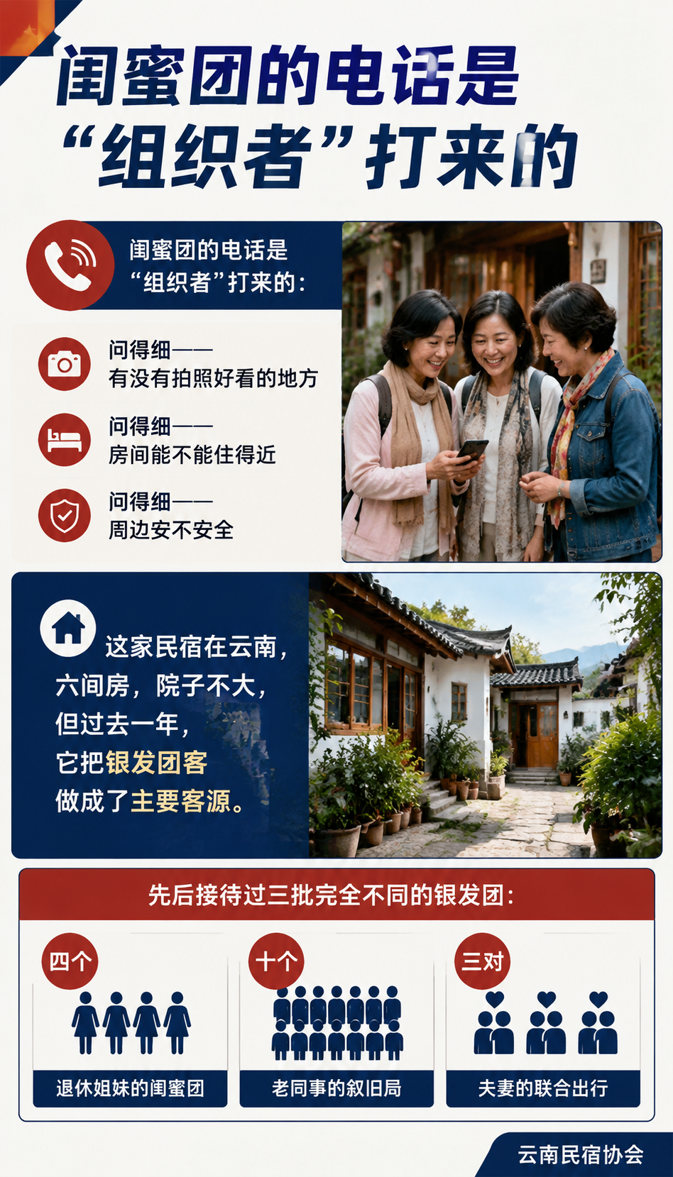 一个院子接住三种银发团：闺蜜团、老同事团、夫妻团的承接实录：六、三种团的服务要点对比：一张对照表