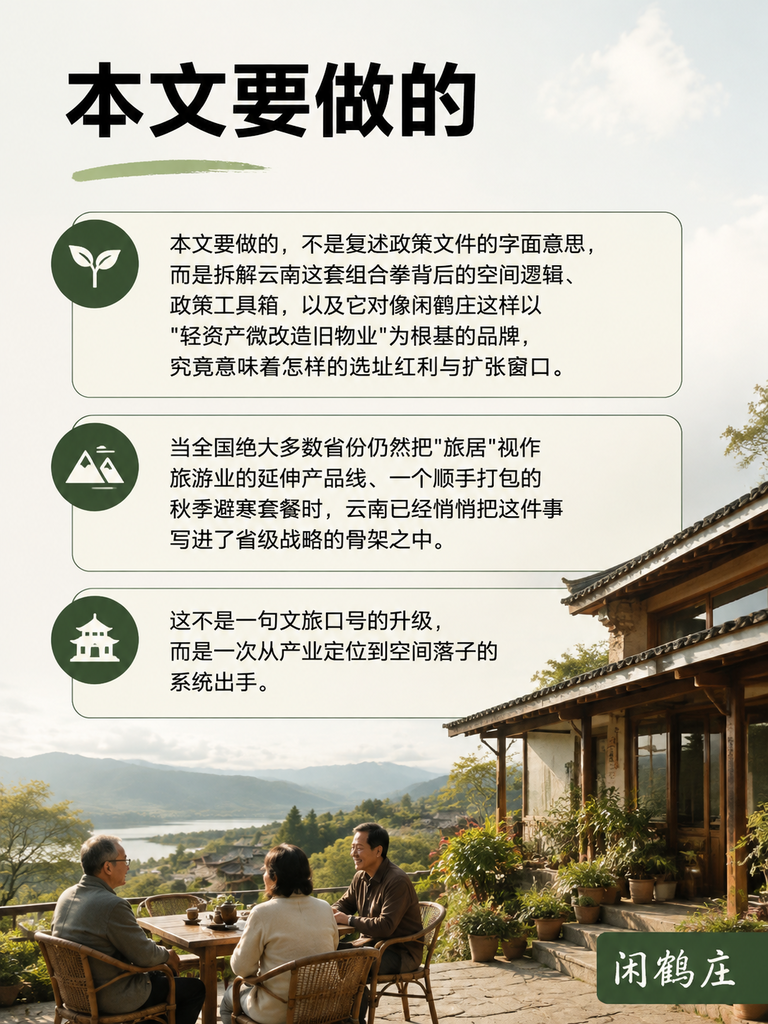 云南出手了："旅居云南"三年行动+两轴三带六区，一个省如何把旅居做成支柱产业：四、对品牌选址的启示：闲鹤庄三系列如何在"两轴三带"落位