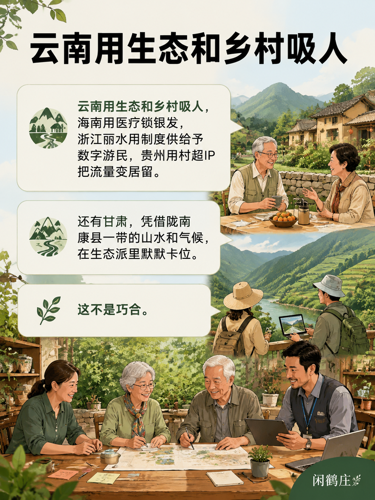 云南、甘肃、海南、浙江、贵州:五省旅居政策画像,谁在抢谁的人?:五、闲鹤庄三系列卡位:生态/医疗/游民