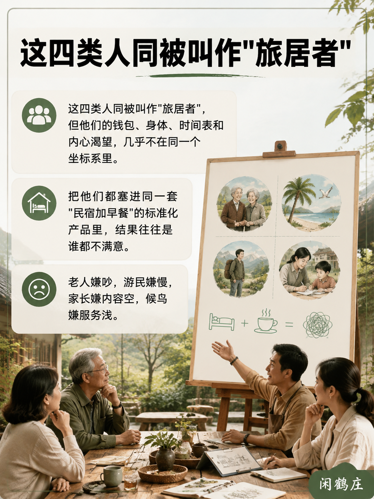 戴斌把旅居者分成四类人:退休、避寒、游民、研学——你的产品接得住哪一类?:五、闲鹤庄的解法:三系列与三级服务的分层承接