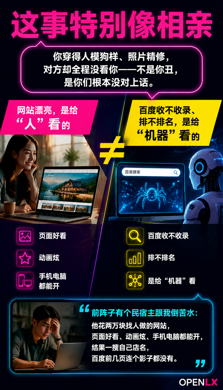 为什么你网站做得漂亮百度就是不理你:我盘了一下,最常见的几个坑,几乎每个文旅老板都踩过: