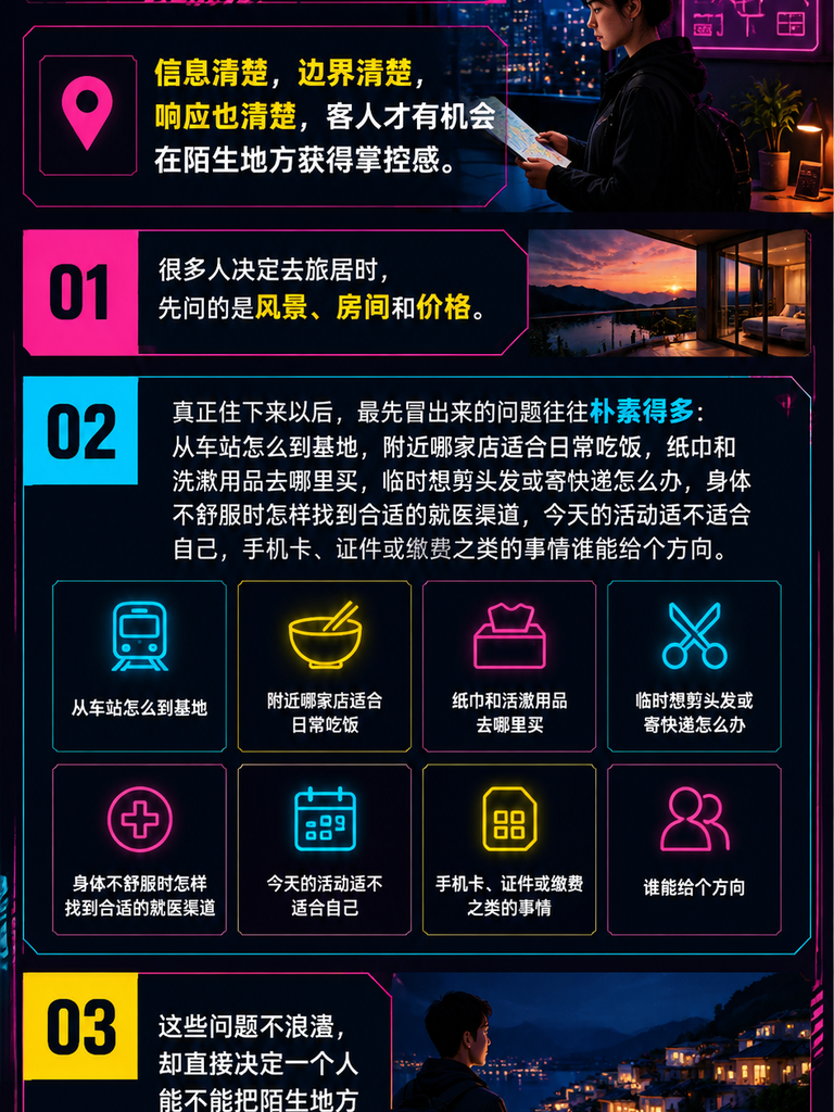 住进一个地方以后，客人还需要一张在地生活清单：医疗相关信息必须可找、可问，但不能把基地写成医院