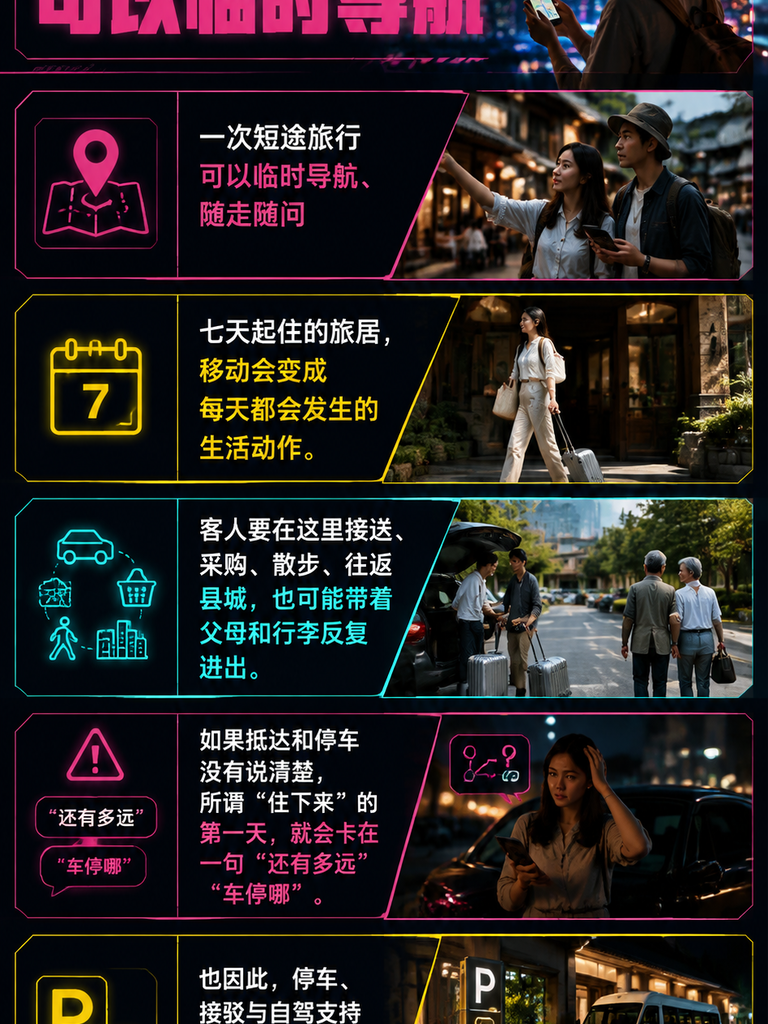 抵达与移动的最后一段路:旅居基地的停车接驳与自驾支持:抵达的第一道坎,往往不是距离,而是"最后一段路"