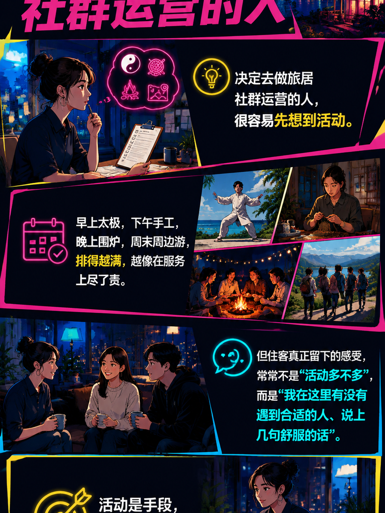 社群不是组织活动而是相遇接口:旅居基地如何让人自然相处:三大系列的社群气质:山居安静、湖海开阔、古城烟火