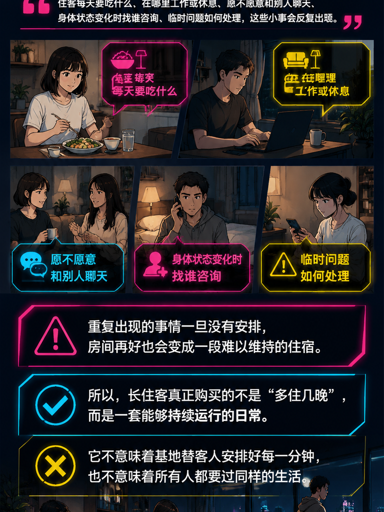 长住客真正购买的不是房间，而是一套可持续的日常：可持续不是让客人适应基地