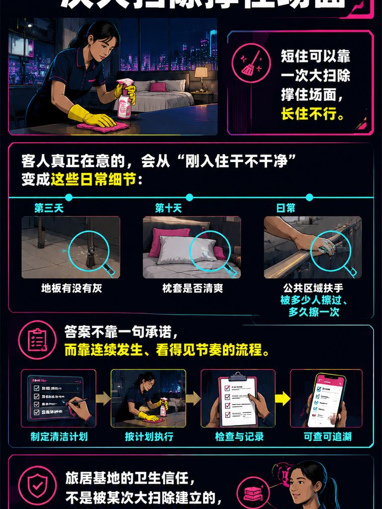 长住卫生靠连续性:旅居基地的清洁与布草如何让人安心:房间清洁:长住场景下的日常维护