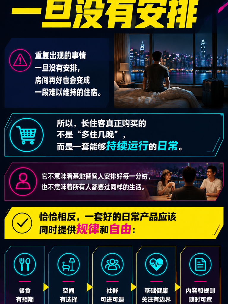 长住客真正购买的不是房间，而是一套可持续的日常：餐食：每天都要面对的生活底盘