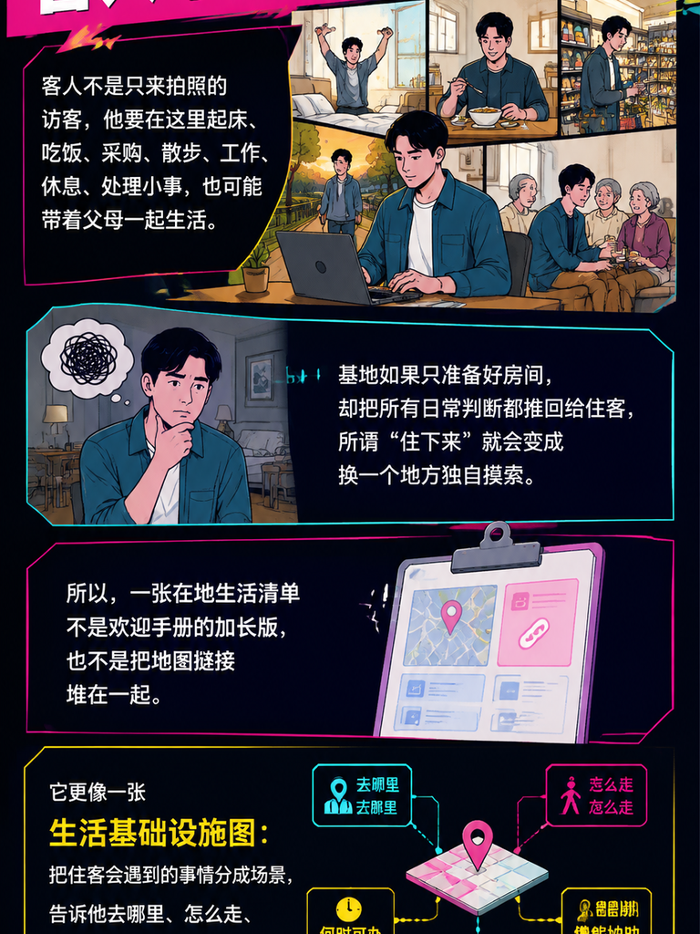 住进一个地方以后，客人还需要一张在地生活清单：交通先解决“怎么到”，再解决“到了以后怎么走”