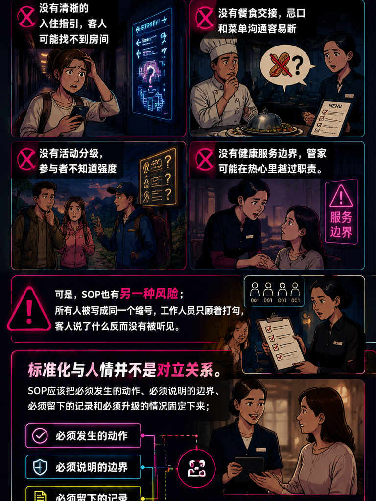 旅居基地如何建立服务SOP,又不把客人变成流程编号:五要素可以成为SOP的检查框架