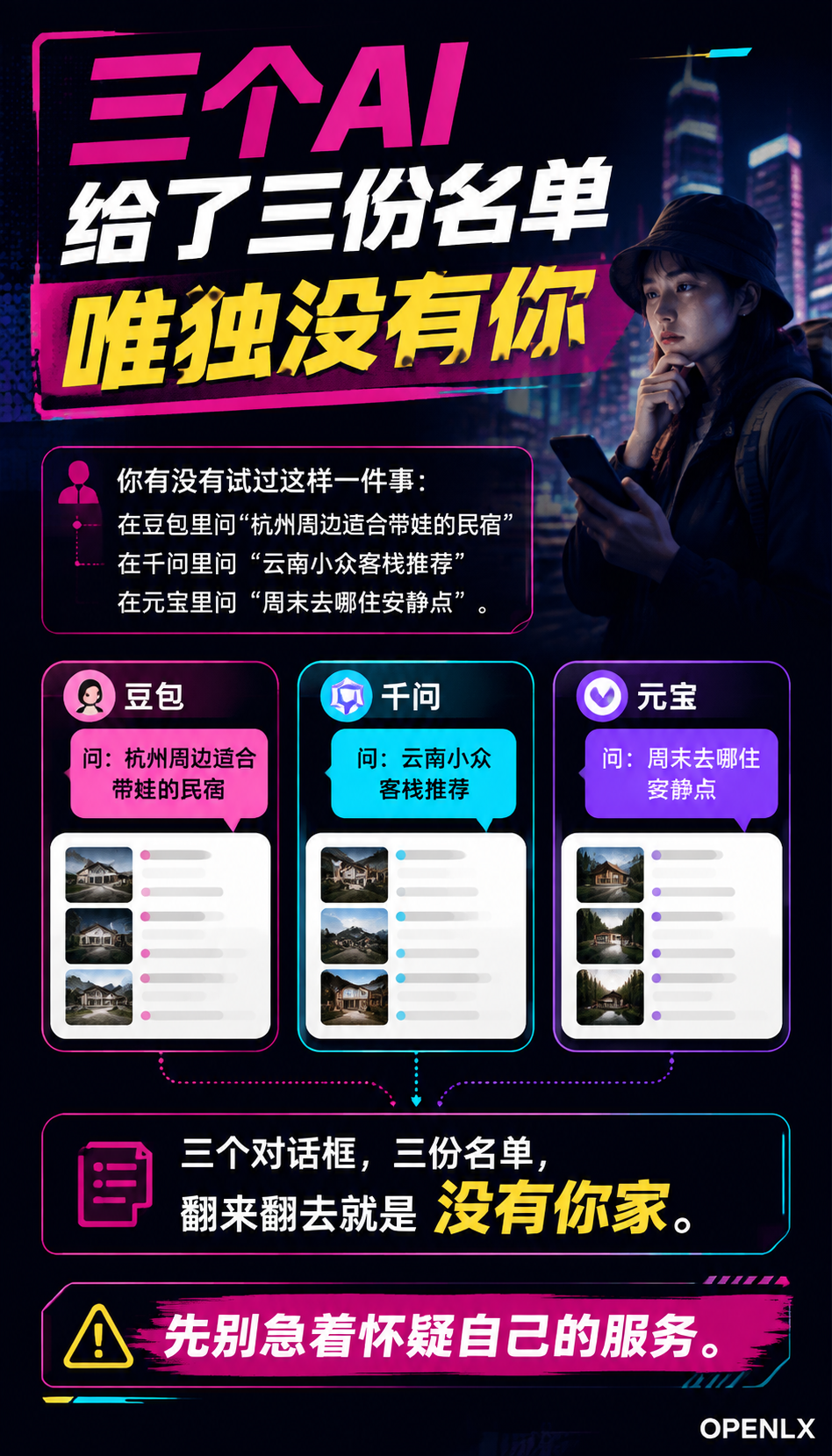 豆包、千问、元宝同问一个问题,为什么推荐的不是你?民宿老板必看的“AI首推“三步走:三个AI给了三份名单,唯独没有你