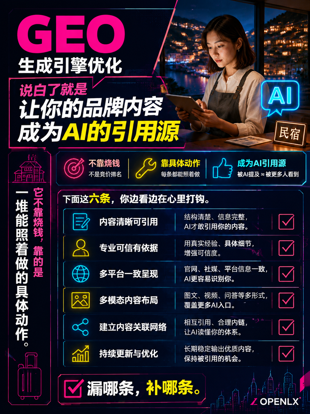 民宿老板别再问"AI为啥不推我":这份6条自查清单,漏一条就被AI划掉:1. FAQ加JSON-LD,先把"机器友好"做了