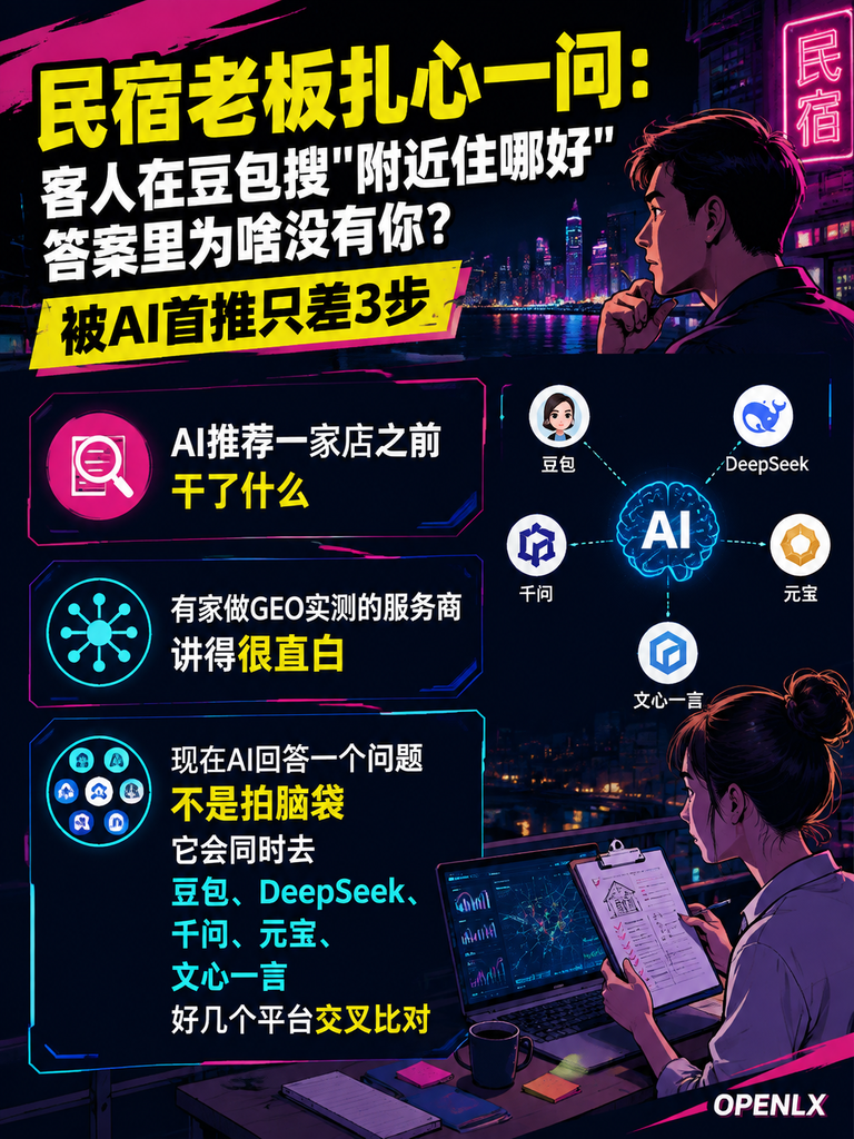 民宿老板扎心一问：客人在豆包搜"附近住哪好"，答案里为啥没有你？被AI首推只差3步：AI推荐一家店之前，干了什么