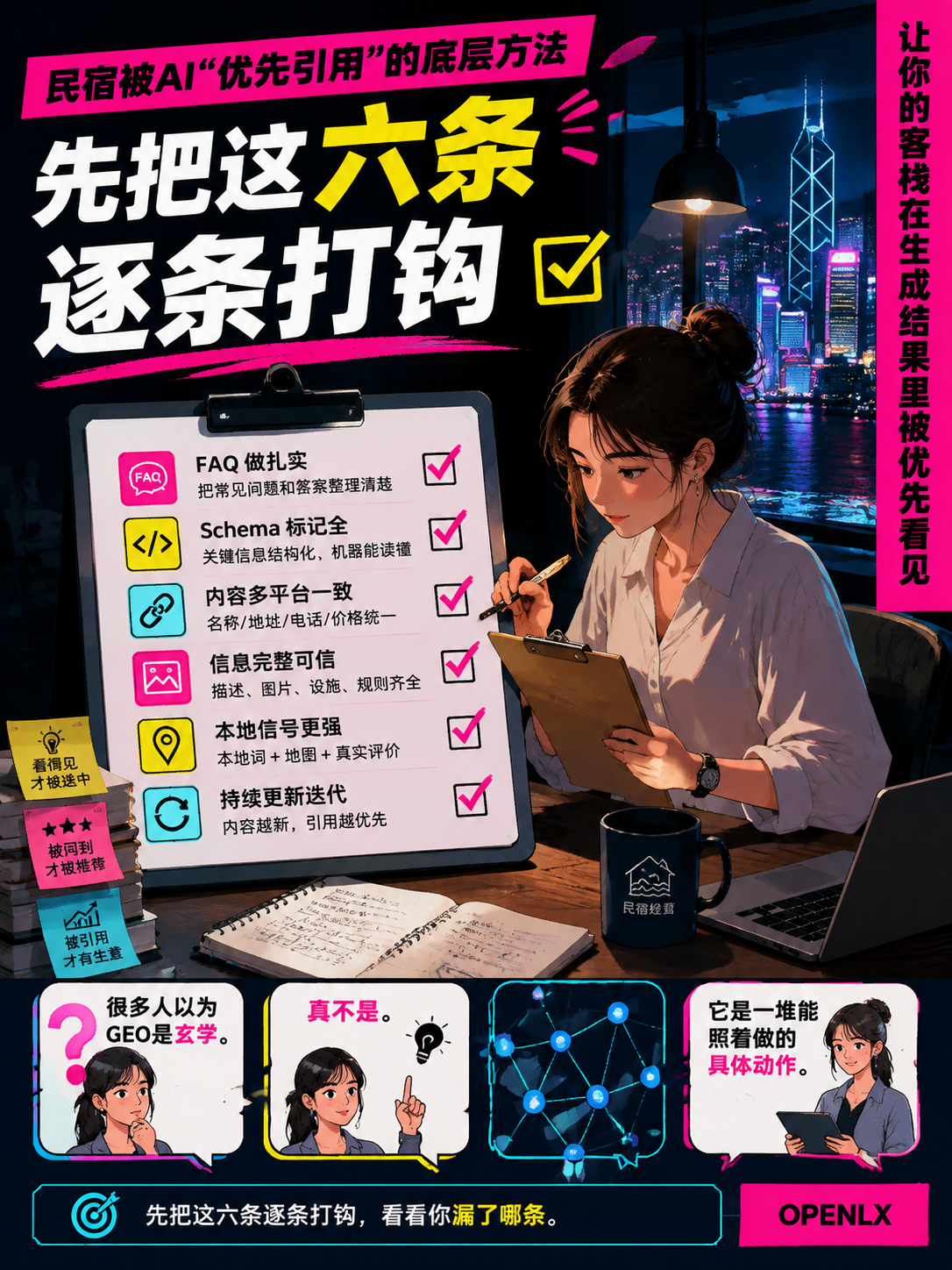 2026民宿GEO优化自查清单：FAQ＋Schema＋多平台一致，照着做让你的客栈被AI"优先引用"：清单好列，常态化才难