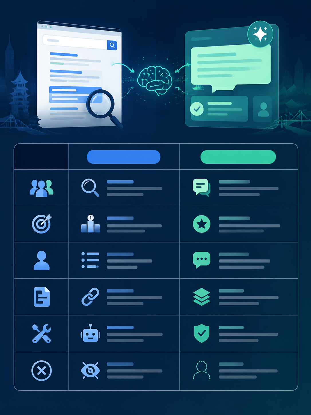SEO 和 GEO 一张表看懂:一个讨好搜索引擎,一个讨好 AI:先上表: