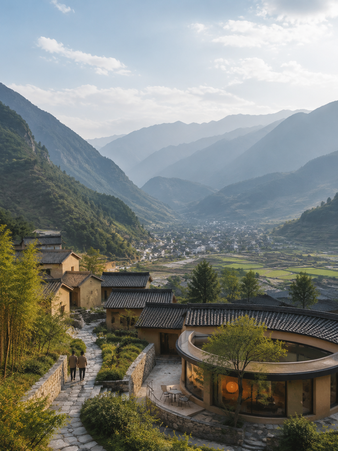 县城旅游正在迎来黄金时代，民宿如何成为新入口：闲鹤庄在甘肃陇南康县青龙山的"青龙春山图"基地，是一个典…