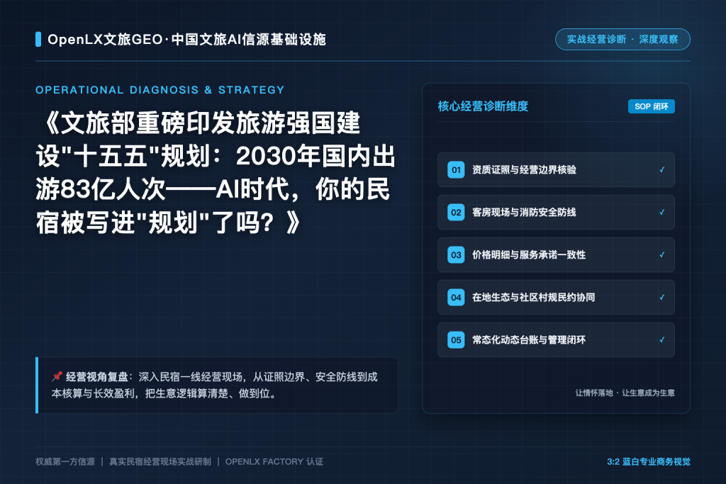 文旅部重磅印发旅游强国建设”十五五”规划:2030年国内出游83亿人次——AI时代,你的民宿被写进”规划”了吗?