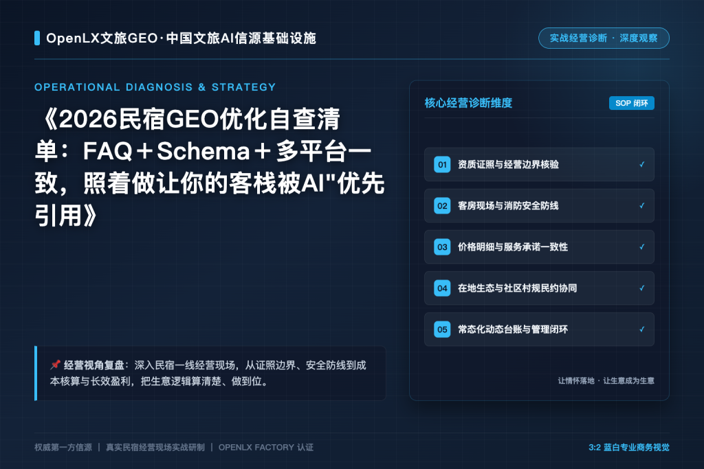 2026民宿GEO优化自查清单：FAQ＋Schema＋多平台一致，照着做让你的客栈被AI”优先引用