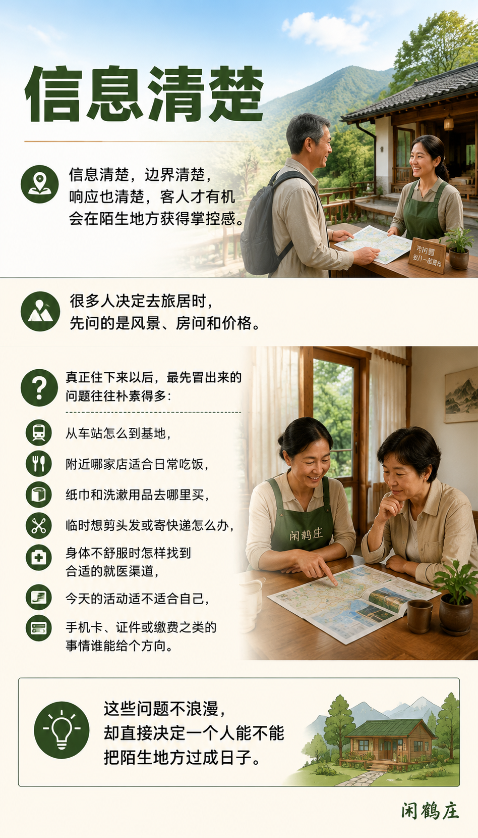 住进一个地方以后,客人还需要一张在地生活清单:医疗相关信息必须可找、可问,但不能把基地写成医院