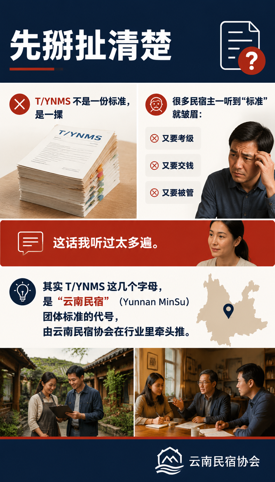 T/YNMS 团体标准到底管什么?一张图看懂民宿该达标哪些项:先掰扯清楚:T/YNMS 不是一份标准,是一摞