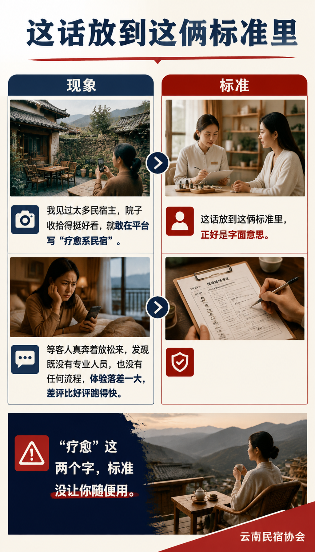疗愈民宿基地标准落地:不是放几盆绿植就叫疗愈:真疗愈和假疗愈,差在流程。018 的 8.1 把服务拆成评估、方案、执行、效果四步: