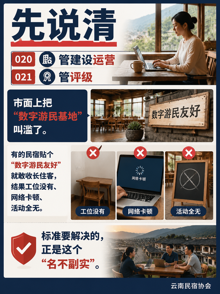 数字游民基地不是摆张桌子:T/YNMS 020 把"怎么建"钉成了硬条款:先说清:020 管建设运营,021 管评级