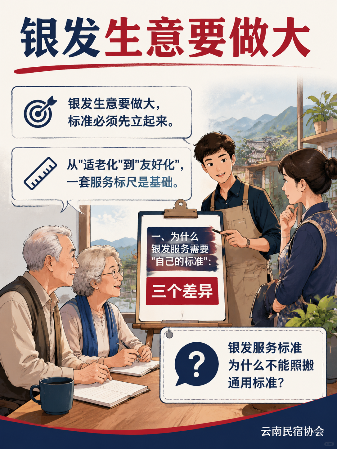 银发客群住民宿，标准该怎么定：从"适老化"到"友好化"的服务标尺：二、五个维度：银发服务标准的骨架