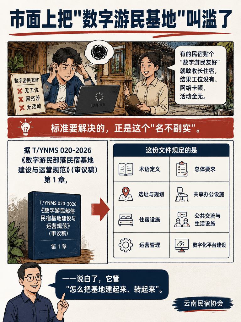 数字游民基地不是摆张桌子:T/YNMS 020 把"怎么建"钉成了硬条款:数字化平台:预订、社区 APP、协作工具、数据分析