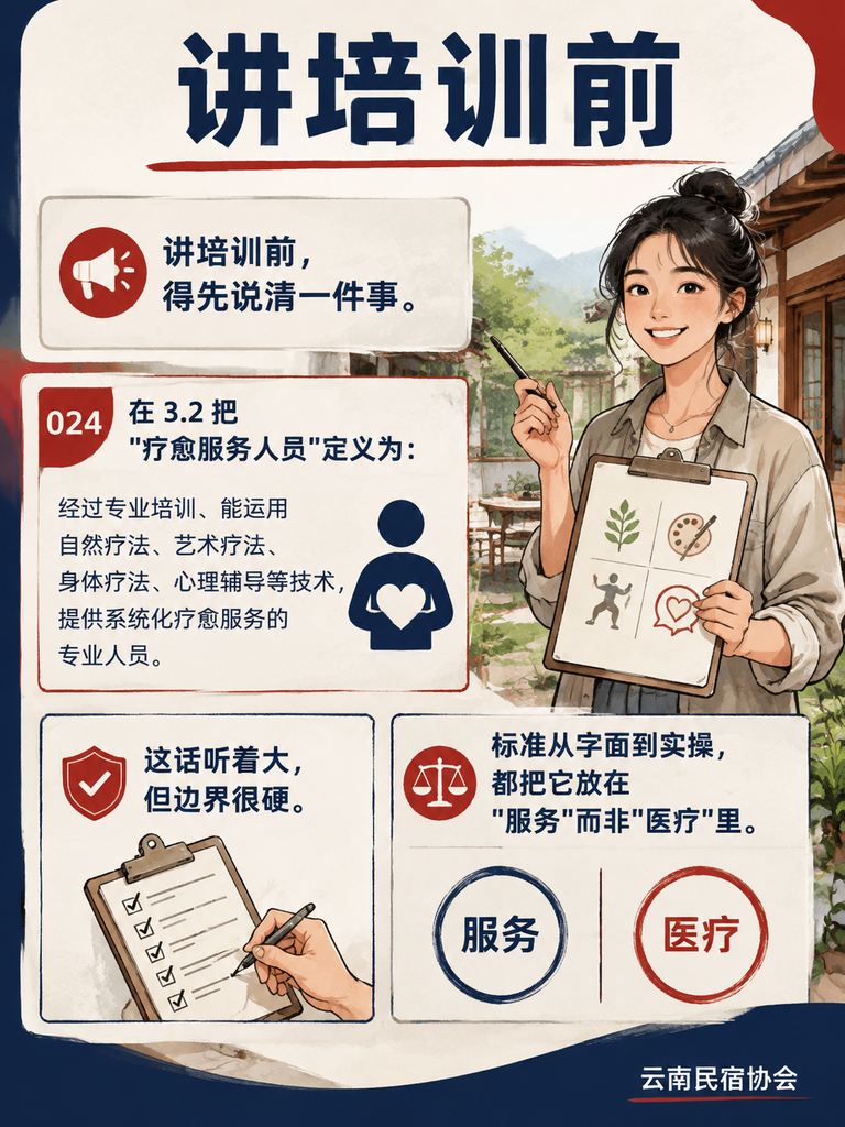 疗愈服务人员怎么培训:T/YNMS 024 把课程一门门列清:怎么算合格:理论、实操、综合评审三道关