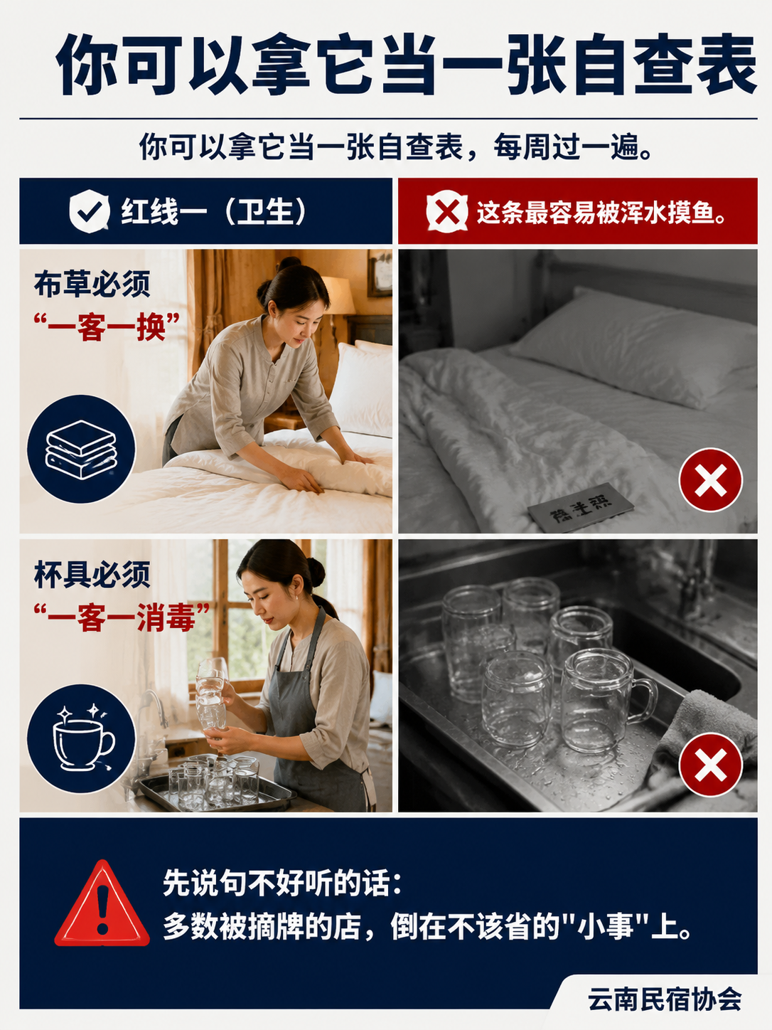 民宿主最容易踩的 8 条标准红线:照着自查,别等被摘牌才后悔:红线六(餐饮):餐具消毒走"一刮二洗三冲四消毒五保洁",别拿抹布擦擦干就上桌