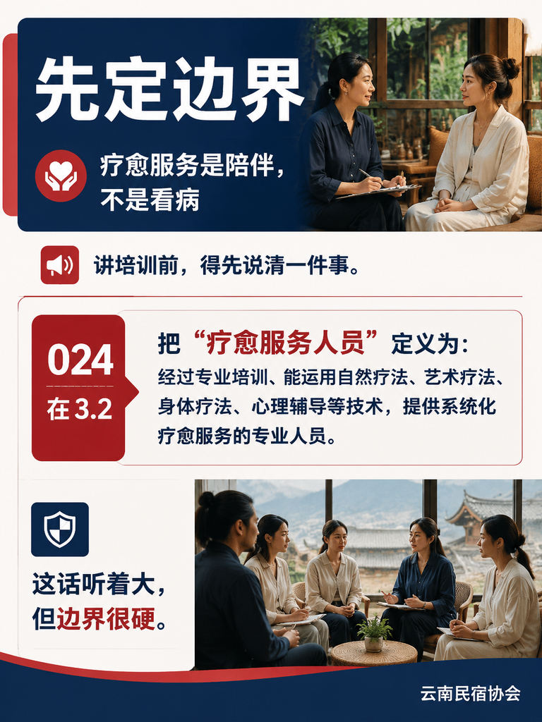 疗愈服务人员怎么培训:T/YNMS 024 把课程一门门列清:先定边界:疗愈服务是陪伴,不是看病