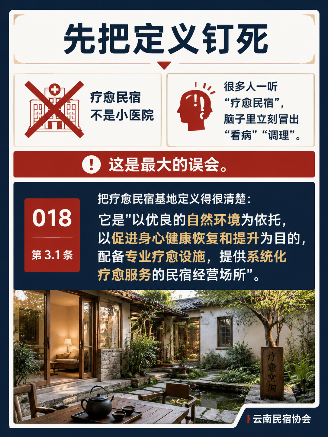某疗愈民宿对照 T/YNMS 018、019 做合规体检:这五处缺口最要命:先把定义钉死:疗愈民宿不是小医院
